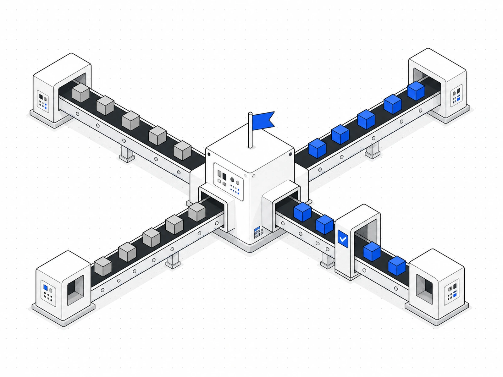 Isometric routing hub sending cubes along conveyor belts through an approval gate.