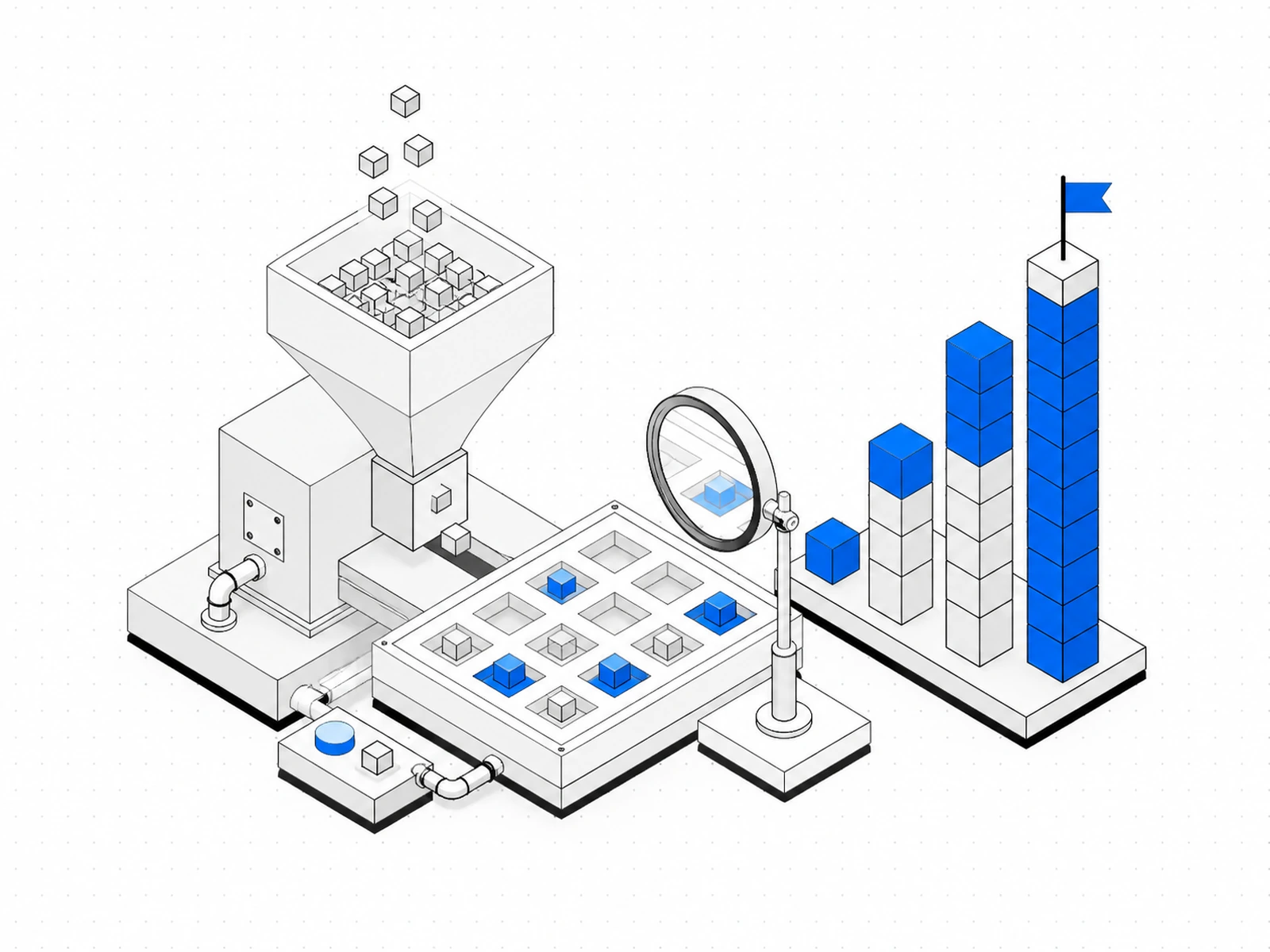 Isometric hopper sorting cubes into a grid beside a rising cube bar chart.