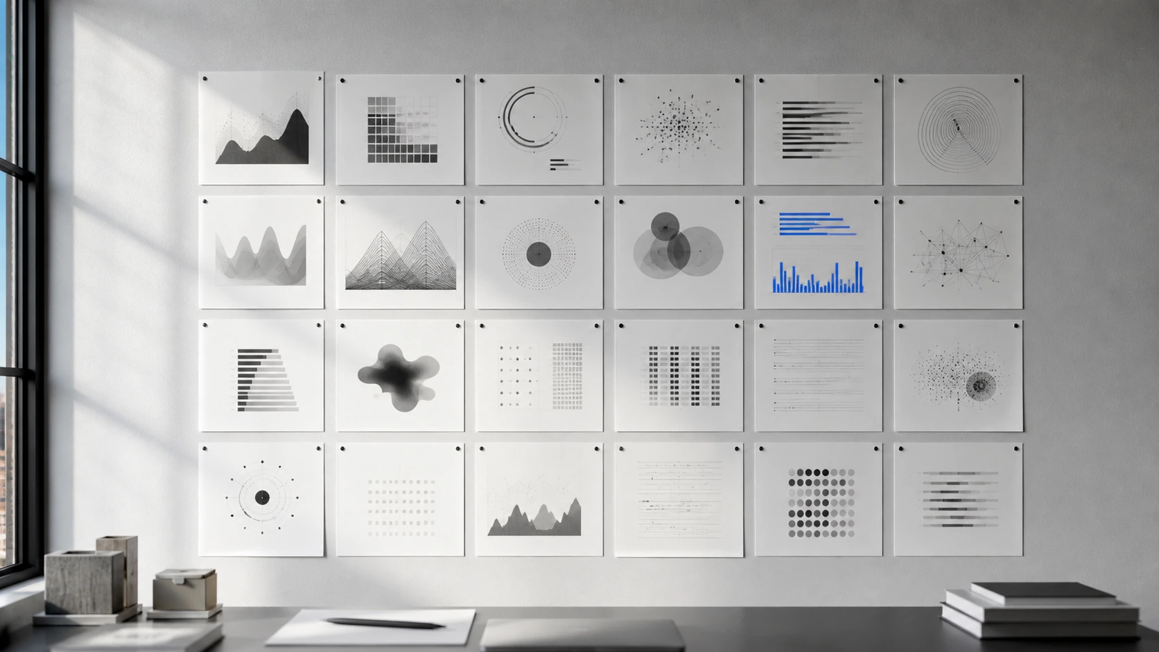 Printed analytical charts arranged on a wall